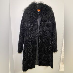 VTG Cynthia Steffe Black Embroidered Long Coat with Mongolian Lamb Collar Size M